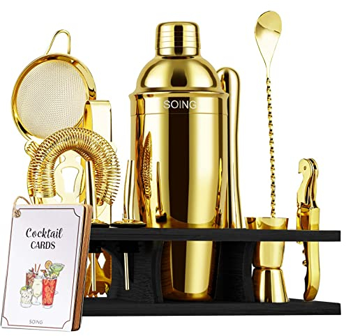 SOING Mixology - Set di 11 shaker da barista con supporto, set da cocktail con tutti gli accessori essenziali: Martini Shaker, cucchiaio, fango, colino, jigger, pinze, versatori per liquori