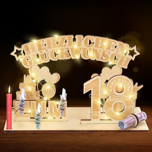 Meleager Geldgeschenke 18 Geburtstag,18.Geschenke Dekoration mit LED Lichterkette,Geschenke aus Holz zum 18 Geburtstag Mann Frau，Geldgeschenke Geburtstag Holz für Jungen und Mädchen