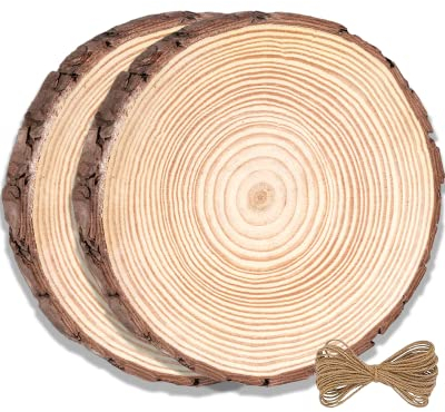 Suwang Holzscheiben 2er Set Baumscheiben 20-22 cm durchmesser 20mm dick,Holzscheiben zum basteln Ungebohrte Holzscheibe,für Basteln,Hochzeit,Weihnachtsdekoration,Mit Bindfaden und Klauen Nägel.
