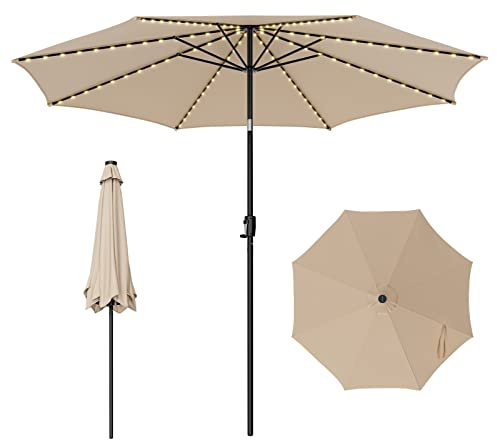 COSTWAY Ø300cm Sonnenschirm mit 112 LED-Leuchten, Gartenschirm, beidseitig um 30° knickbar, Sonnenschutz, Marktschirm mit Kurbel für Garten, Hof, Terrasse (Beige)