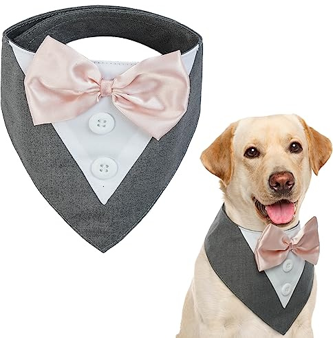 Kuoser Hundehalstuch, Hunde Fliege Hochzeit, Hunde Smoking Bandana, Grau L | Verstellbares Hundehalstuch mit Fliege im Smoking-Stil für mittelgroße & große Hunde, ideal für Hochzeit, Geburtstag & Party