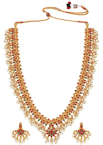 Aheli Indian Bharatanatyam jewellery Set for Women With Earrings Traditional Bollywood Indian Necklace CZ Stones(White Red Green)