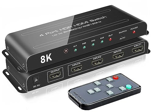 ROOFULL 4 Ports 8K HDMI 2.1 Switch 4 in 1 Out 8K@60Hz 4K@120Hz HDMI Switcher Selector with Remote Support 48Gbps HDR 10+ Dolby Vision/Atmos HDCP 2.3 CEC for PS5 4 Pro Xbox Apple TV Game PC Roku