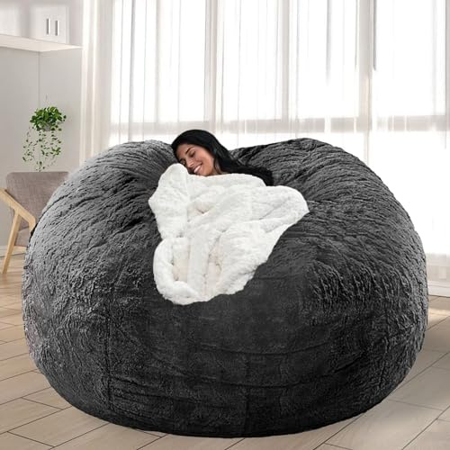 FIEATES 7FT Bean Bag Chair for Adults Kids No Filler Soft Oversized Round Giant Beanbag Chair Lazy Sofa Reading Chair Cover, Dark Grey