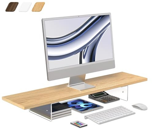 LA QUEENIE Monitor Stand Riser,Wood & Acrylic Computer Monitor Stand with LED Light,Desk Accessories Desktop Organizer Stand for Computer,Laptop,Printer,PC & TV Screen Riser