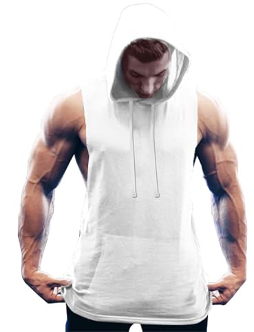 COOFANDY linne herr muskelskjortor ärmlös huvtröja fitness skjortor gym bodybuilding skjortor huvtröja, Vit (1 styck), XL