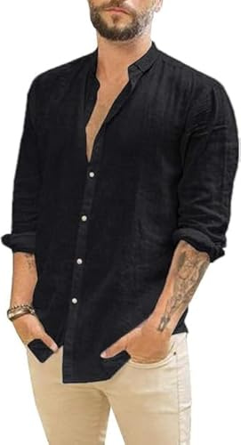 Runcati Herren Hemd Leinenhemd Langarm Sommer Strand Hemd Casual Regular Fit Freizeithemd Shirts Schwarz XL