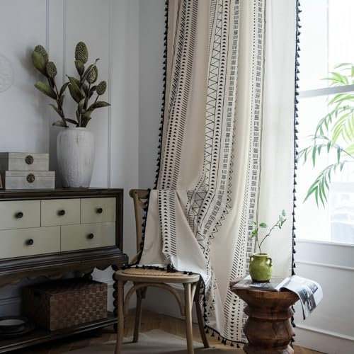 Bishilin Vorhänge Lichtdurchlässig mit Ösen, Gardinen Baumwolle Schwarz Weiß 2er Set 150x180CM Boho mit Geometrie Muster Vorhänge Halbtransparent Küche Wohnzimmer