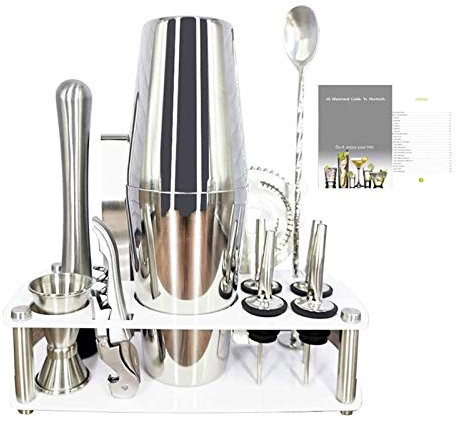 Kit de barman avec support | Ensemble de bar avec shaker à cocktail pour mélanger les boissons – Outils de bar : shaker à martini, doseur, passoire, cuillère pour mélangeur de bar | Meilleur kit