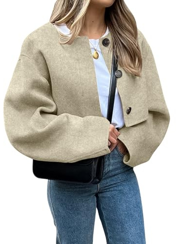 CHARTOU Women Cropped Wool Blend Pea Coat Short Jacket Peacoat Long Sleeve Button Down Crop Jacket (Small,Brown)