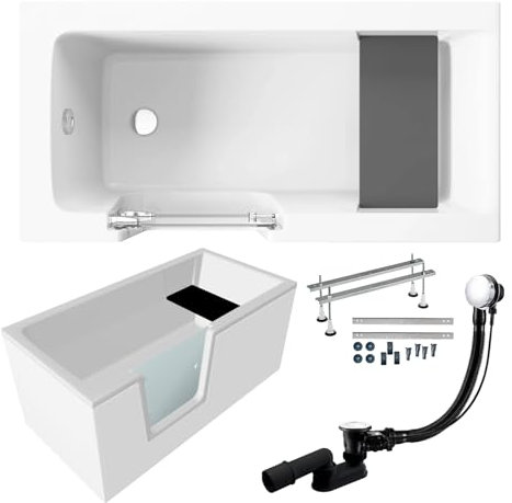 BADLAND Premium SET 5in1 Badewanne Rechteck Acryl Weiß Wanne, Seniorenbadewanne mit Glastür und Holzsitz VOVO 140x70 cm, Links, Made in EU, mit Ablaufgarnitur und Füßen