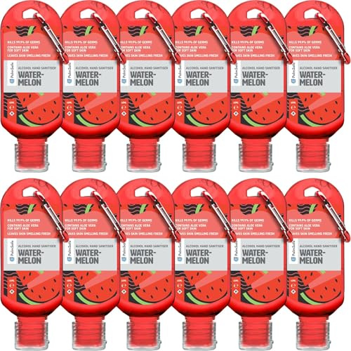 Palm Safe Watermelon 12 Pack 60ml Anti Bacterial Premium Hand Sanitiser Travel Size Refillable Clip Bottle Quick Drying Non Sticky Extra Moisturising Kills 99.9% of Viruses and Bacteria