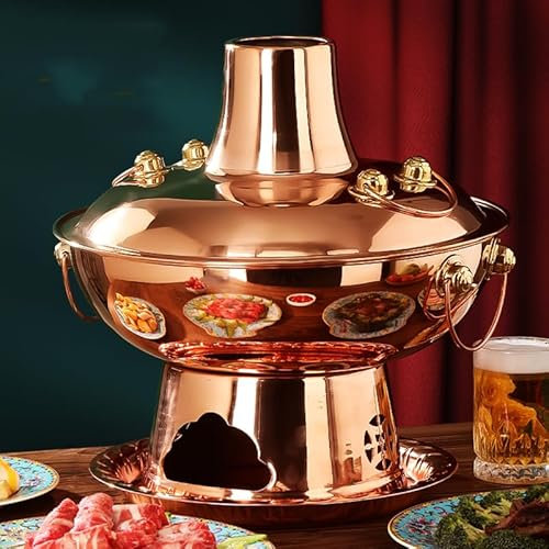 NIBHZ Traditional Chinese Copper pot, Vintage shabu pot, charcoal pot with fireplace, shabu shabu shabu in vintage copper,34cm