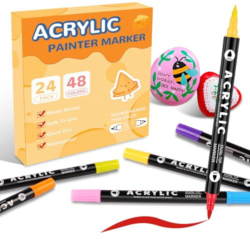 colpart Acrylfarben Stifte Set - 24 Stück 48 Farben Dual Tip Marker - Doppelkopf Acrylmarker für Steine Bemalen & Nail Art Design - Schnelltrocknend Nagellackstifte für DIY Basteln, Graffiti & Linien