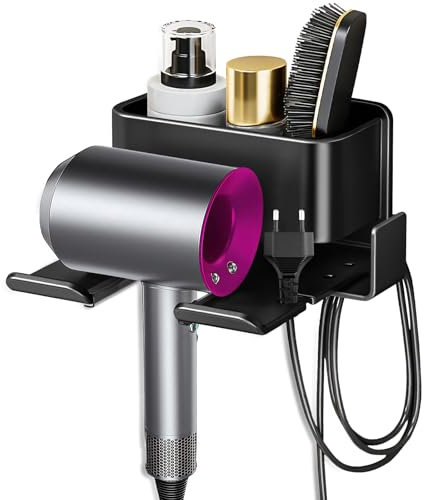 Yichalodge Hair Dryer Holder No Drilling Hair Dryer Holder with Cable Holder and Storage Aluminium Self-Adhesive Hair Dryer Holder for Most Hair Dryers 14 x 13.8 cm