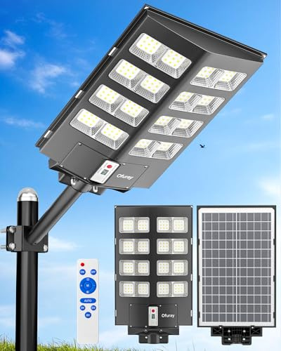 Ofuray Of-2600W Lampadaire Solaire Extérieur avec Détecteur de Mouvement | 6500K Projecteur LED Solaire Extérieur Puissante, IP67 Étanche Lampe Solaire avec Télécommande pour Rue, Cour, Garage