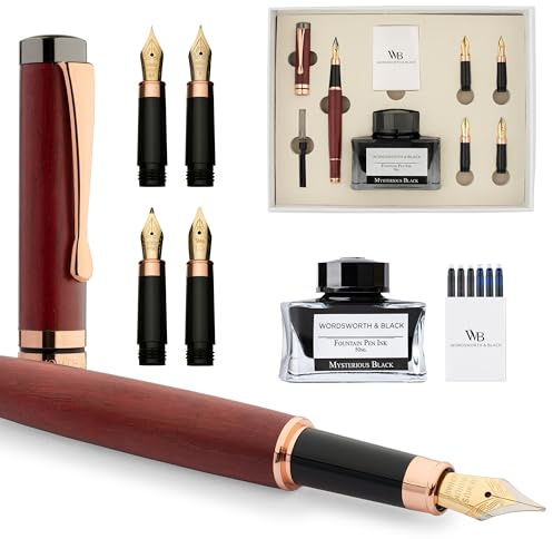 Wordsworth & Black Fountain Pen Gift Set, Incluye botella de tinta, 6 cartuchos de tinta, convertidor de recarga, 4 plumines de repuesto, bambú de lujo,caligrafía, plumas de escritura [Madera violeta]