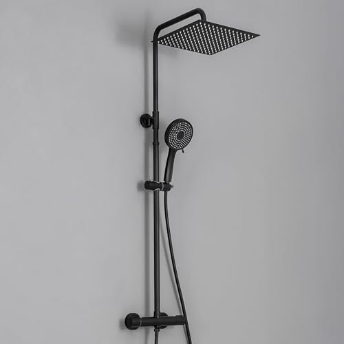DERW Thermostatic Shower Mixer Set with 12 Square Rainfall Shower Head, 5-Mode Round Handheld Shower with Rotating Bracket, Anti-Leak Hose,Easy Install, Suitable for Bathrooms (Black)