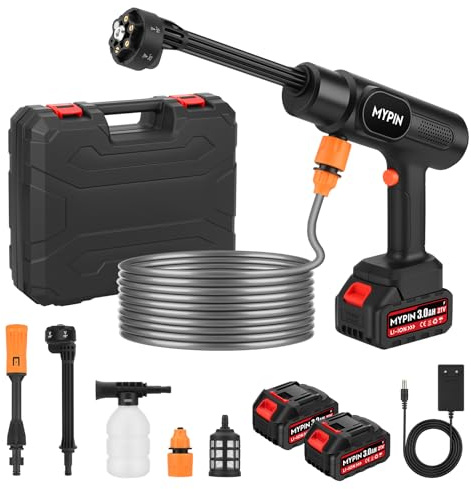 MYPIN Bärbar trådlös högtryckstvätt med två 21 V batteri, 600 PSI högtryckstvätt, 6-i-1-munstycke med standardmunstycke för rengöring av bilgolv, väggar och staket