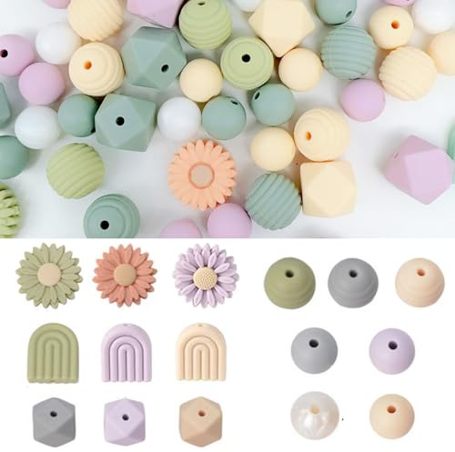 Silikonperlen 76 Stück Silikonperlen Farbig Bastelnperlen Herstellungsset,Daisy Rubber Lose Silikonperlen,Polygon Bastelperlen mit Löchern für DIY Halsketten, Armbänder, Bastelarbeiten(Grün)