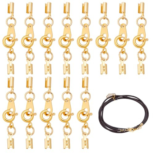 PH PandaHall 20 Stück Kordel-Endkappen mit Federverschluss 35 mm lange Crimp-Endkappen Umklappbare Kordelverschlüsse Goldene Halskettenendkappen mit Ringverbinder für DIY Armbänder Choker Fußkettchen