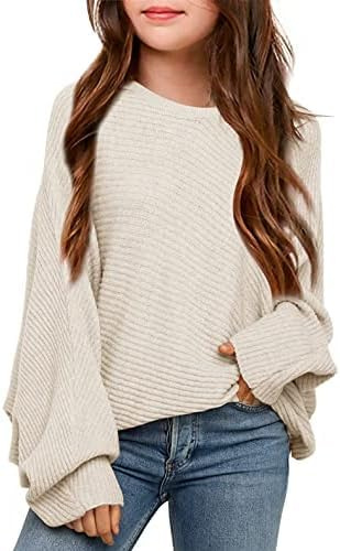Haloumoning Girl's Oversized Crewneck Fall Sweaters Kids Batwing Long Sleeve Slouchy Chunky Cute Pullover Jumper Shirts 5-14T, Beige, 7-8 Years