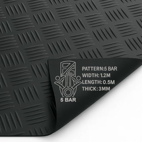 PG Floor Rubber Matting Roll 0.5m x 1.2m, 20m Black Non Slip 5 Bar Mat, Heavy Duty 3mm Thick Waterproof Flooring for Garage Gym Van Shed