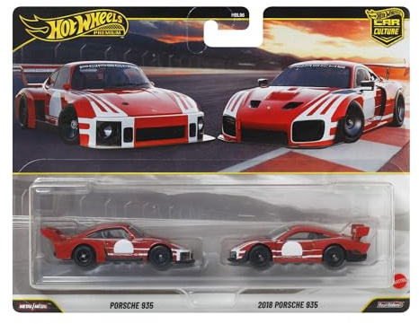Hot Wheels Premium Car Culture Pack con Dos vehículos (Porsche 935 & 2018 Porsche 935) a Escala 1:64, neumáticos Real Riders, chasis Metal, Juguete para coleccionistas, JHW51