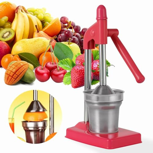 Manual Juice Press Cast Iron Juice Squeezer, Stainless Steel Citrus Juicer Professional Manual Hand Press, Fruit Juicer Non-Slip Grip Design for Home & Commercial Use (Red)