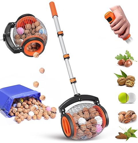 Ramasseur de Noix, Ramasse Noix avec Manche de 60 à 140 cm, Panier de Récolte de 1 Gallon, Casse Noix, Cueille Fruit Télescopique, Cueilleur Sphérique pour Gland, Cerises, Golf, Tennis (Orange)