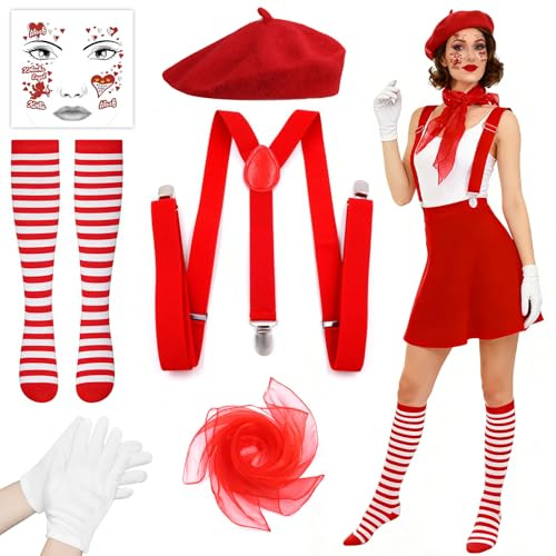 Henjunu Costume de Pantomime pour Dames, avec Béret Rouge, Déguisement de Mime Français pour Adulte Enfant, Costume Cosplay pour Carnaval d'Halloween