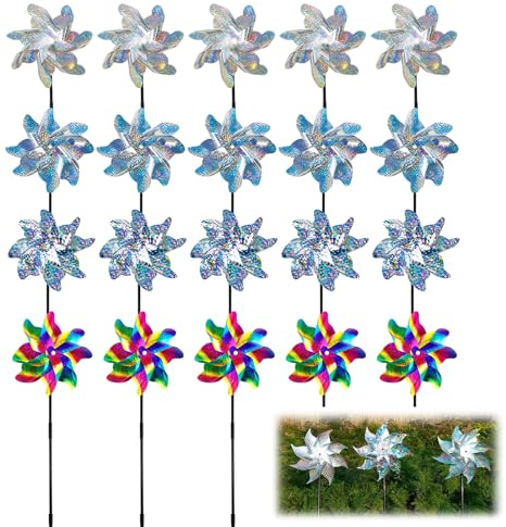 20 Pcs Holographic Sparkly Silver Pinwheels, Sparkly Lawn Pinwheel, Reflective Bird Repellent Wind Spinners Outdoor for Party Decorations Yard Garden Farm DIY Pinwheels Set Scare Birds Pests Away