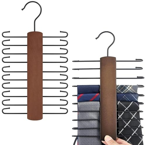 Gtwinsone 2 Piezas Corbatero Percha de Madera con 20 Barras Giratorio 360 Grados Organizador Cinturones Perchas Ropa Madera para Corbatas Cinturones y Bufandas