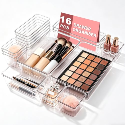 XRXYMQ 16 stycken lådor organisatör 4 storlekar lådor organisationssystem plast stapelbara sminkbord organisatör för makeup kök toalettbord lådinsatser kosmetiska tillbehör transparent