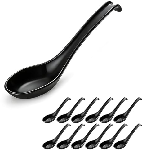Berglander Asiatische Suppenlöffel 12 Stück, Plastik Suppenlöffel für Soba, Pho, Nudeln, Japanische Ramen, Chinesische & Vietnamesische Wonton, Koreanischer Stil Großer Löffel mit langem Griff