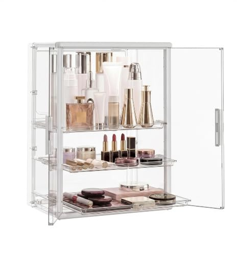 ZHYOCOGY Make up Organizer, 40cm Hoch Kosmetik Aufbewahrung | 3 Schubladen Großer Vanity Organizer mit Türen, Schminktisch Staubdicht, Acryl Parfüm Regal für Bad, Schlafzimmer, 30cm Breit