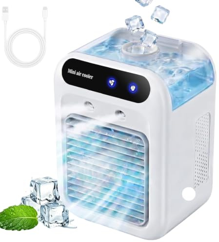 Climatiseur Mobile sans Évacuation 500ml, Mini Rafraîchisseur d‘Air Portable 4-en-1 avec Brumisation, Ventilateur Silencieux USB, Double Vitesse, Réservoir d’Eau pour Bureau Chambre Camping