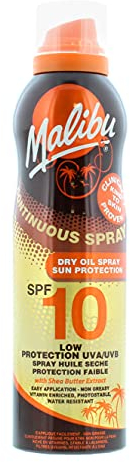Malibu Sun SPF 10 Continuous Dry Oil Spray for Tanning with Shea Butter Extract, Low Protection, Water Resistant, 175ml