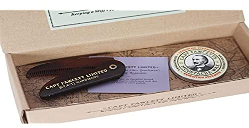 Kapitän Fawcetts Schnurrbartwachs (Expeditionsstärke) und zusammenklappbarer Taschen-Schnurrbartkamm (CF.87T) Geschenkset – hergestellt in England