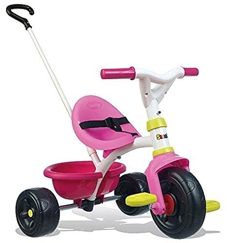 Smoby 740322 – Be Fun Dreirad rosa – Kinderdreirad mit Schubstange, Sitz mit Sicherheitsgurt, Metallrahmen, Pedal-Freilauf, für Kinder ab 15 Monaten, One Size