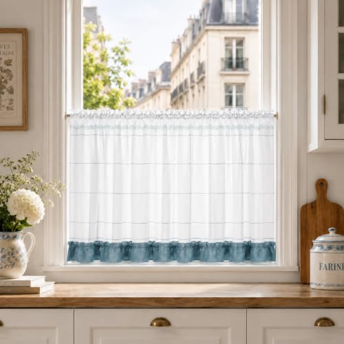 Yujiao Mao 1 Stück Scheibengardine Landhaustil Küchengardinen Karo-Bistrogardine Leinen Kurzgardine Mit Raffbänder Klein Fenster Blau BxH 140x150cm