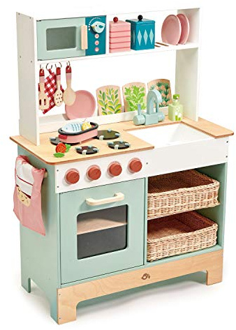 Tenderleaf Toys Wood Play Kitchen Range With Accessories for Children - Pretend Play and Social Development for Kids Ages 3 Years + (Market Kitchen)