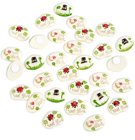 Glückssteine Glücksbringer Set, 30 Stück: Viel Glück Mini Steine mit Kleeblatt, Hufeisen, Fliegenpilz, Marienkäfer & Zylinder, Tischdeko Silvester & Neujahr, Geschenk für Prüfung, Zum Basteln, 3 cm