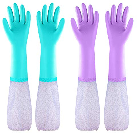 Eygood Latex-Free Washing Up Gloves, Long Sleeve Household Gloves with Cotton Lining, Kitchen Cleaning Gloves (1 Pack of 2 Pairs Blue + Purple) (Medium)