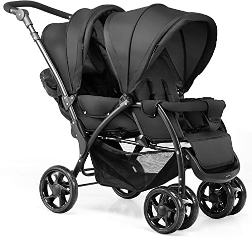 GYMAX Double Seat Stroller with Adjustable Push Handle, Detachable Canopy and Foot Rest, Foldable Baby Pushchair Buggy for Traveling, Going Shopping & Hanging Out (Black)