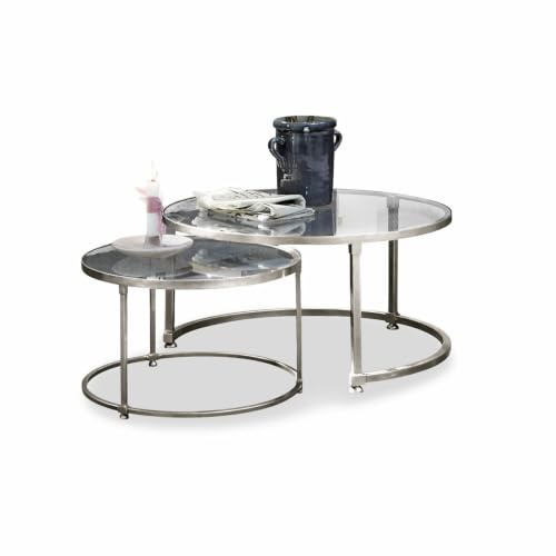 Loberon Couchtisch 2er Set Kabala, Silber | Zwei Größen, Ineinander Schiebbar, Wohnzimmertisch, Sofatisch, Aluminiumguss, Glas
