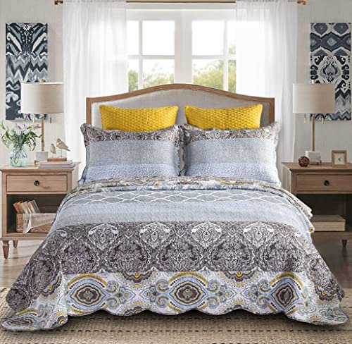 YAYIDAY Patchwork-Tagesdecke, wendbar, atmungsaktiv, bunt, Blumenmuster, gesteppt, mit Kissenbezügen, ländliches rustikales Bohemian-Muster, ländliches King-Size-Größe