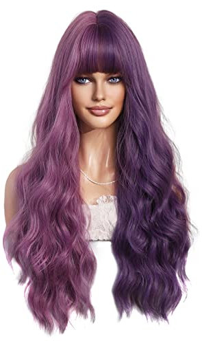 Berretto con capelli lunghi ricci ricci parrucca capelli lunghi donna frangia capelli lunghi viola sfumato realistico prodotti chimici fibra capelli acconciature berretto ciocche sottili (purple, One