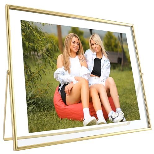 AhaGo Goldener schwebender Rahmen, 25,4 x 30,5 cm, horizontal, für Bilder 22,9 x 27,9 cm, 20,3 x 25,4 cm, Tischregal, Fotorahmen, minimalistischer Stil, edles Geschenk für Jahrestag, Zuhause oder