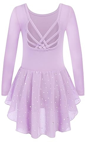 Arshiner Ballet Leotard for Girls Long Sleeve Bow Back Chiffon Shinny Skirted Basic Team Dance Ballet Dress,Lilac,4-5T